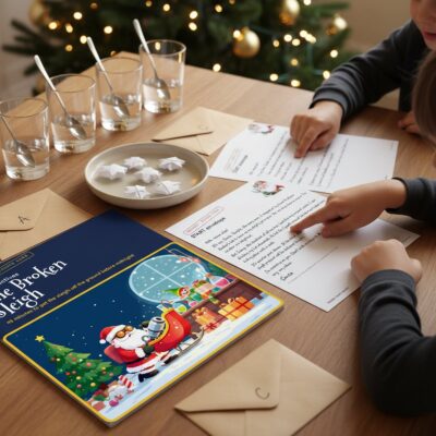 Printed pages in use: Christmas Escape Game for Kids "Lab Detectives: The Broken Sleigh" Ages 6-10 (Printable PDF)